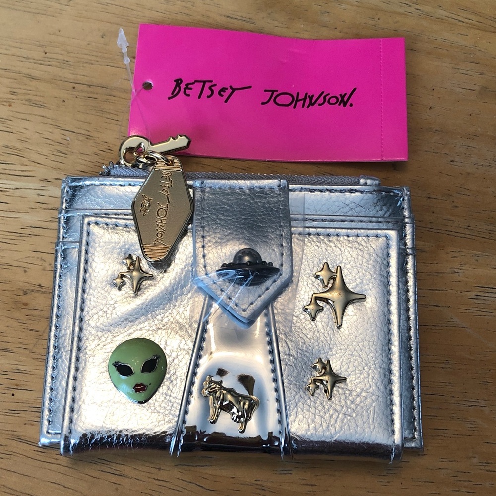 Betsey Johnson Space Out Silver Metallic Bifold Wallet Alien, UFO, Cow Star NWT